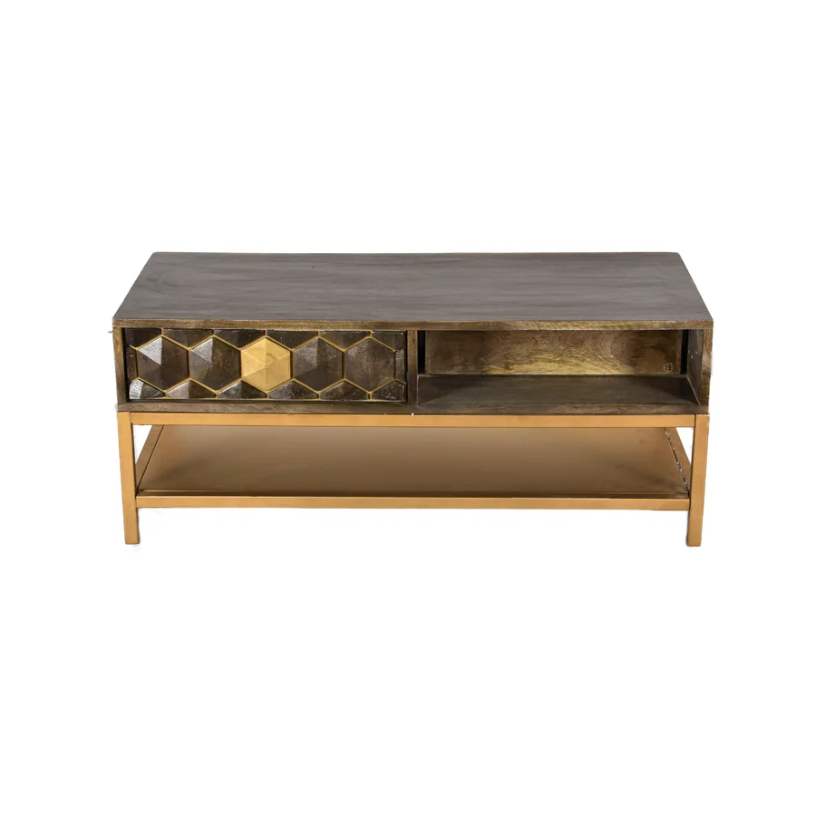 Mango Wood Coffee Table with 2 Drawers , 2 Open Compartments & 1 Iron Shelve (Leg KD)
 (Base : 18 cm.) - popular handicrafts